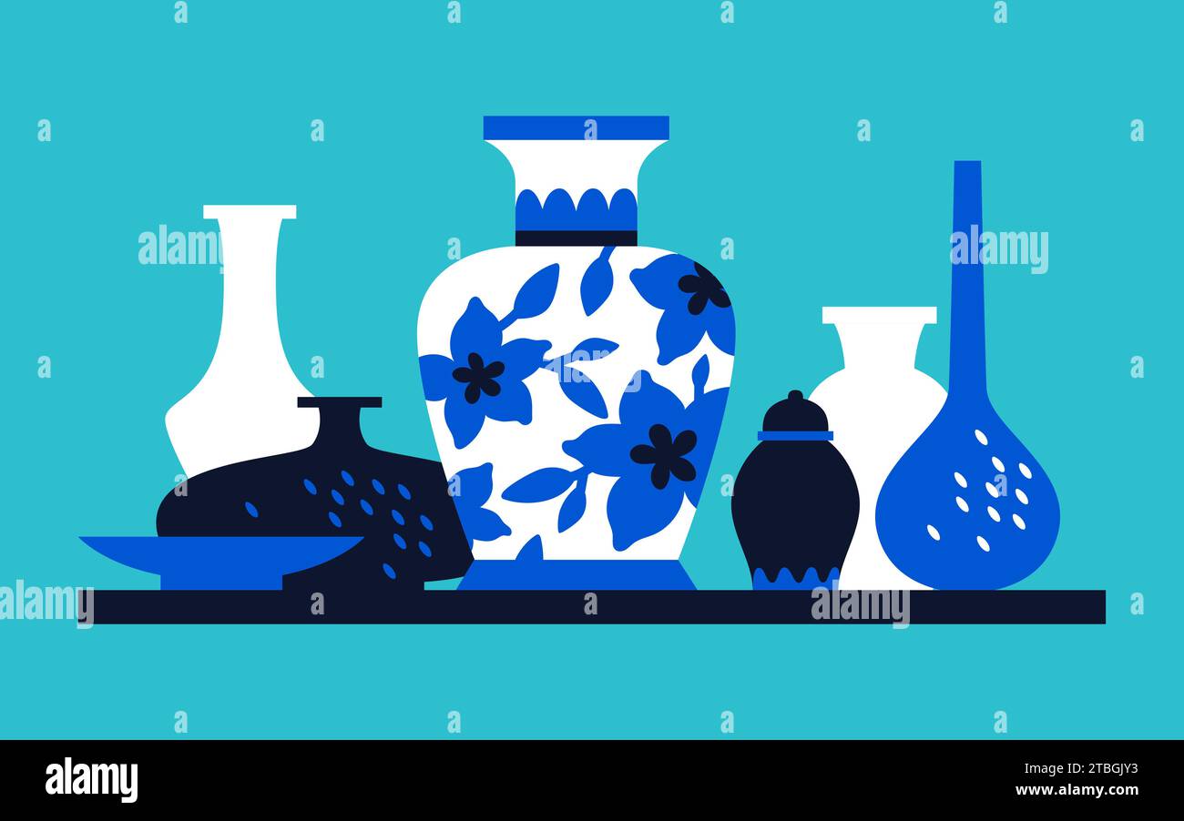 Set of vessels and utensils modern colored vector illustration Stock