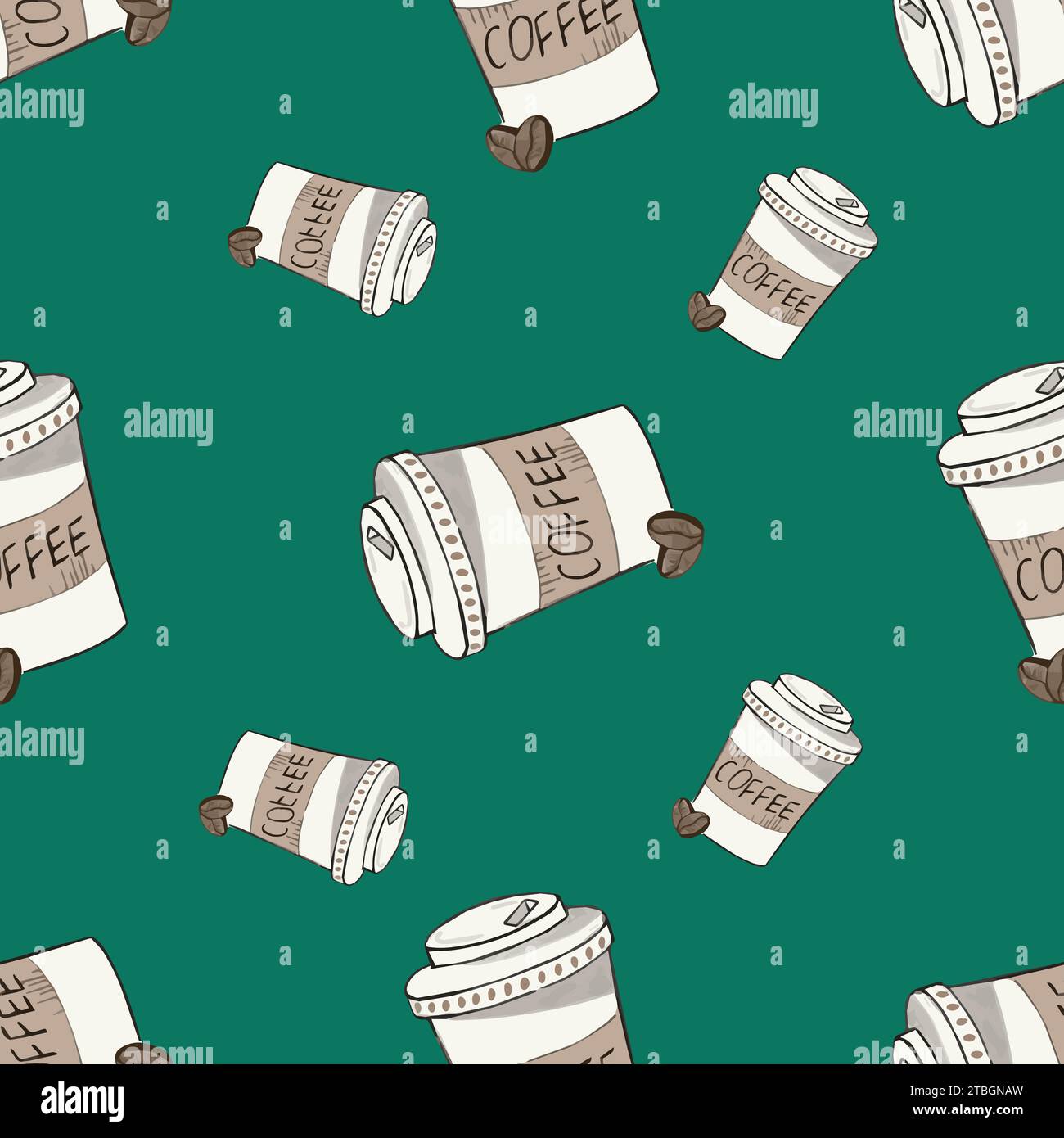 Seamless pattern with takeaway paper coffee cups  on green background. For wrapping paper, wallpaper, textile. Vector illustration Stock Vector