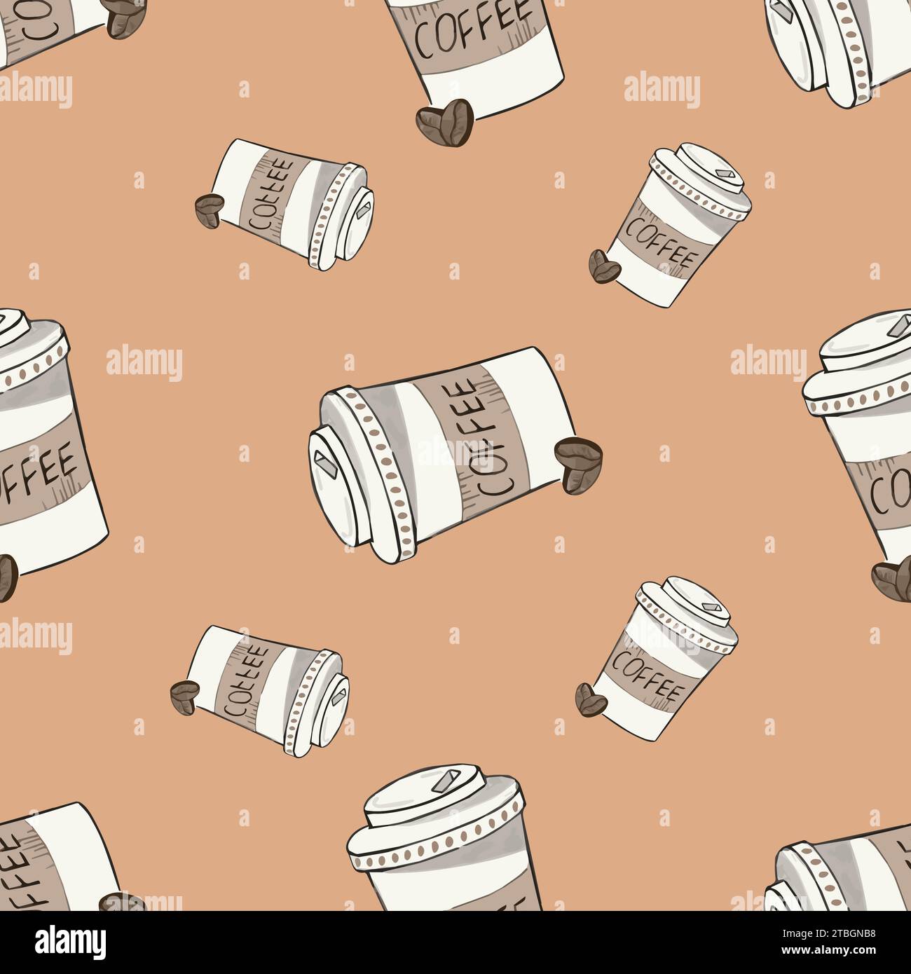 Seamless pattern with takeaway paper coffee cups  on brown background. For wrapping paper, wallpaper, textile. Vector illustration Stock Vector