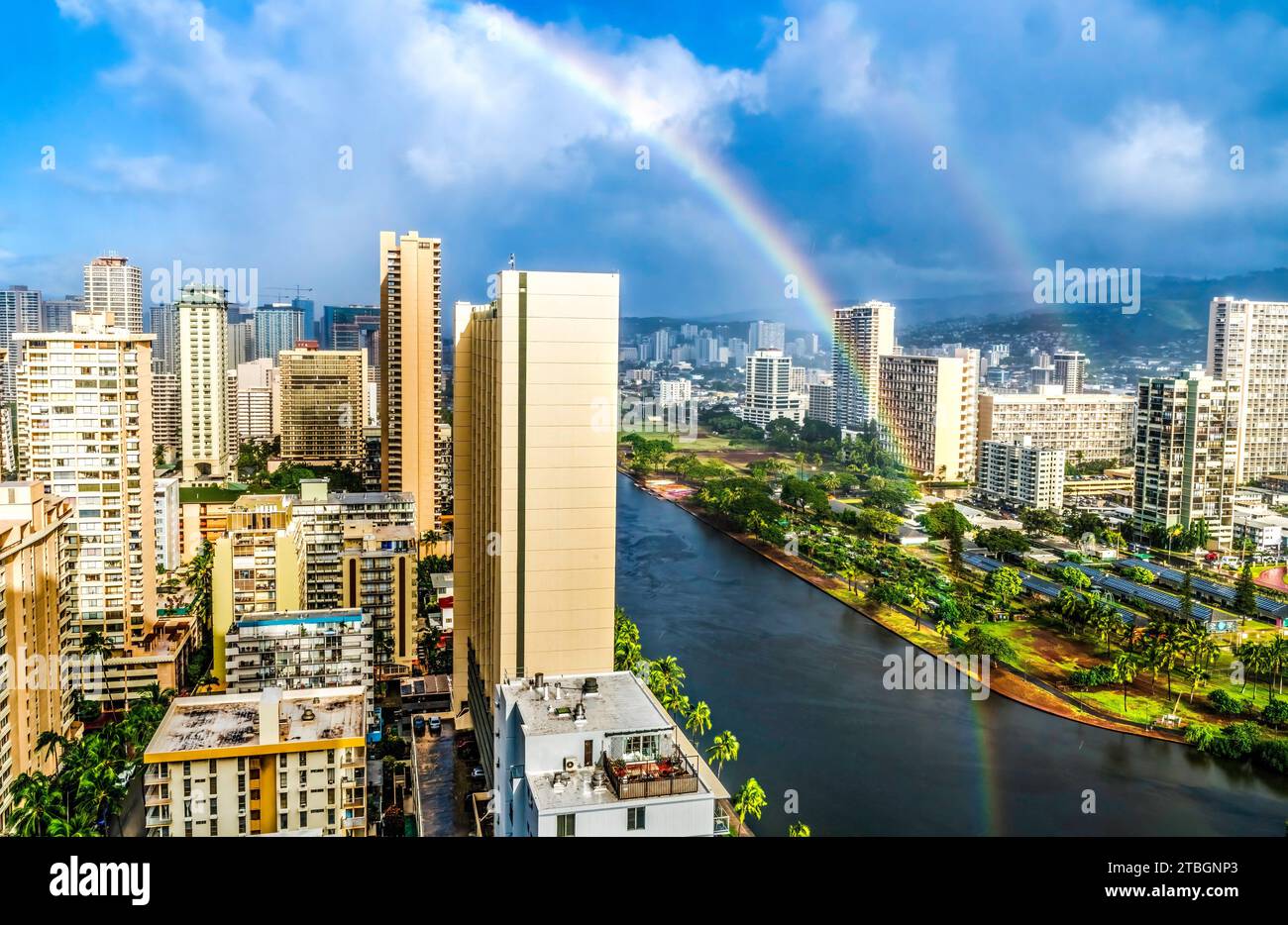 Colorful Rainstorm Double Rainbow Buildings Waikiki Ala Wai Canal