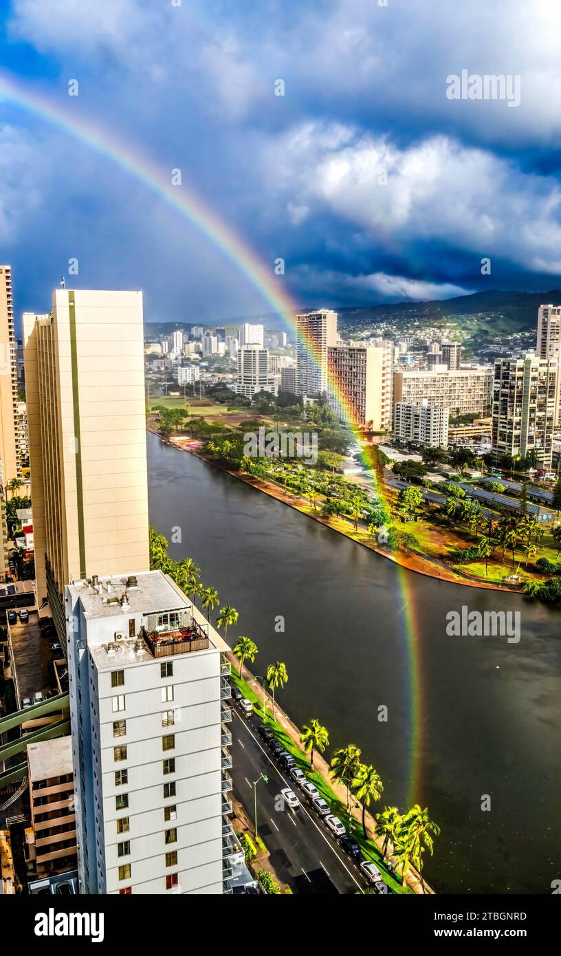 Colorful Rainstorm Double Rainbow Buildings Waikiki Ala Wai Canal
