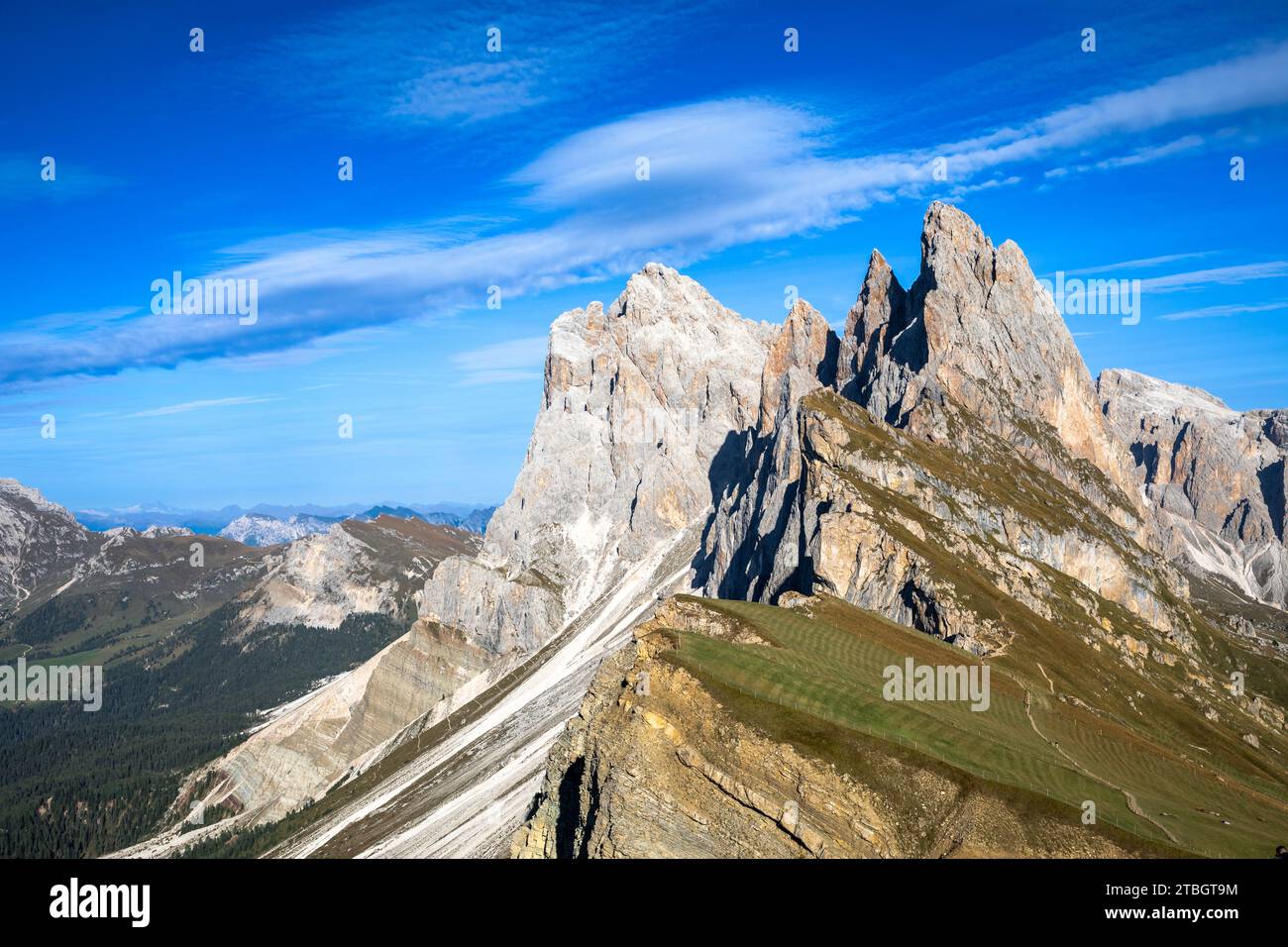 View from Seceda mountain to Odle group, Gardena, South Tyrol Stock Photo