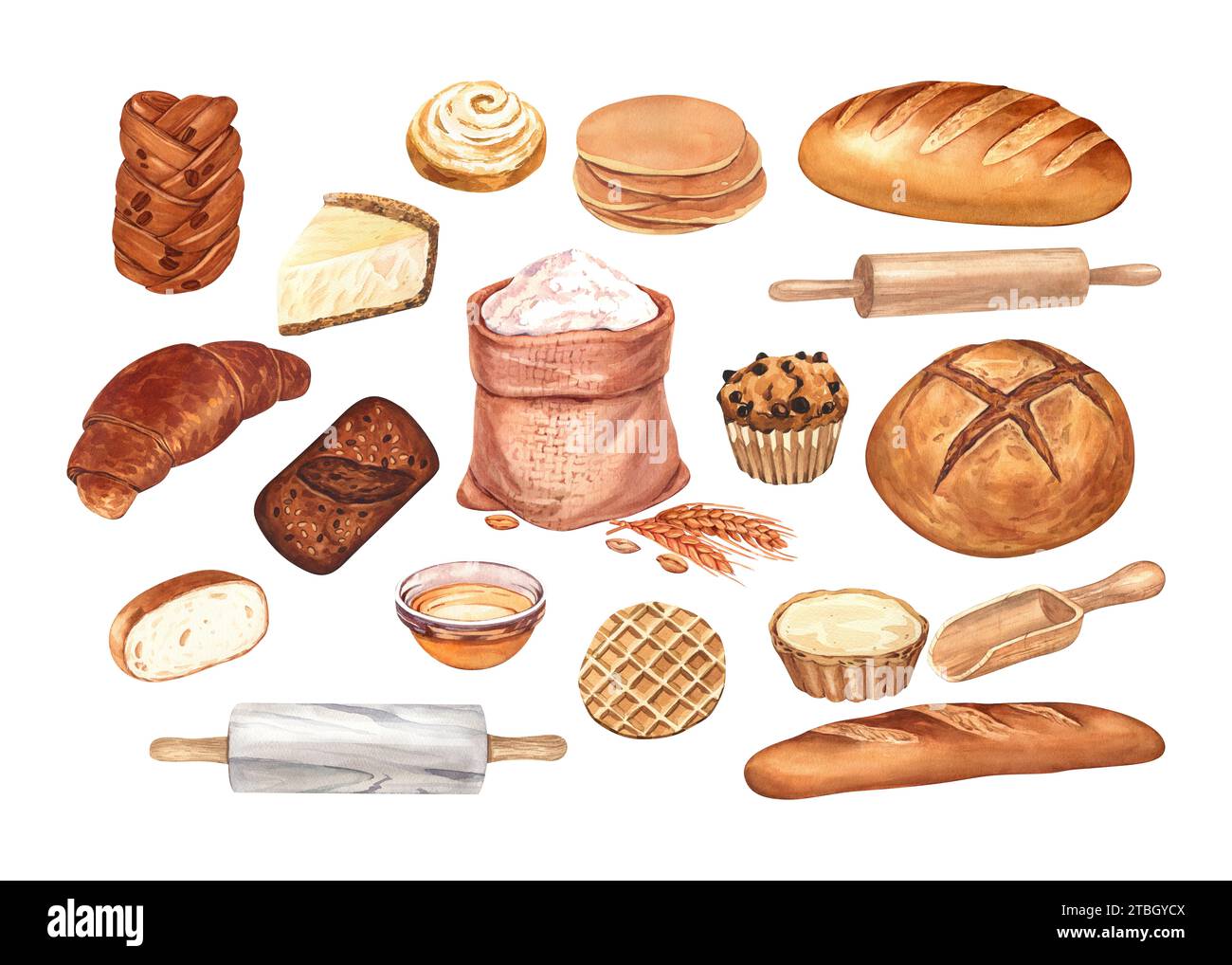 Bakery of wheat flour product. Bread, loaf of rye and french baguette ...