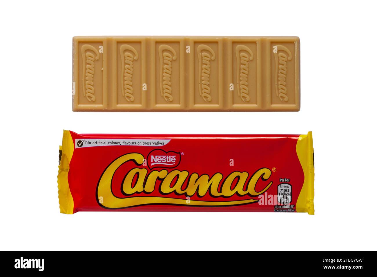 bar of Nestle Caramac chocolate removed to show contents isolated on white background - looking down on from above - The Caramel Flavour bar Stock Photo