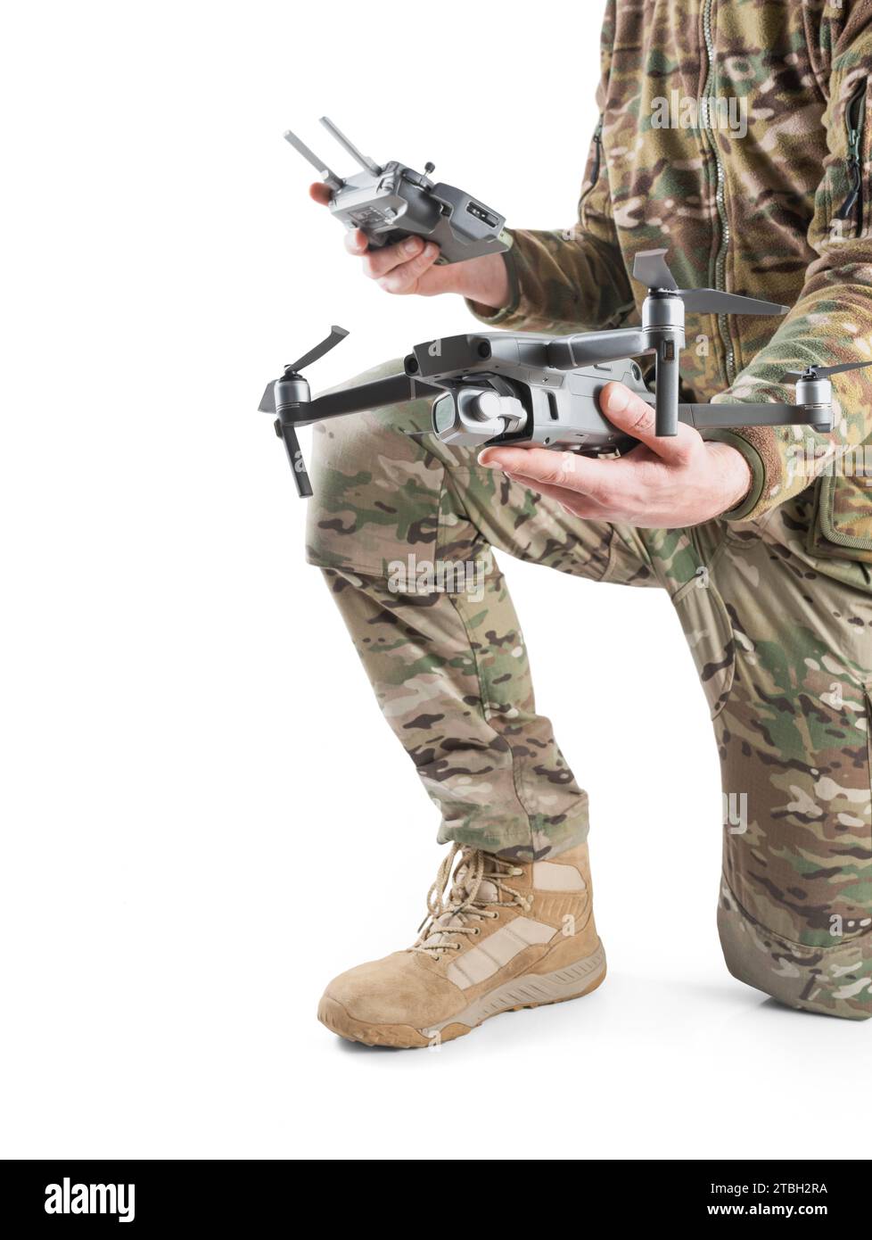 Modern army soldier with drone and remote control. Crucial role of