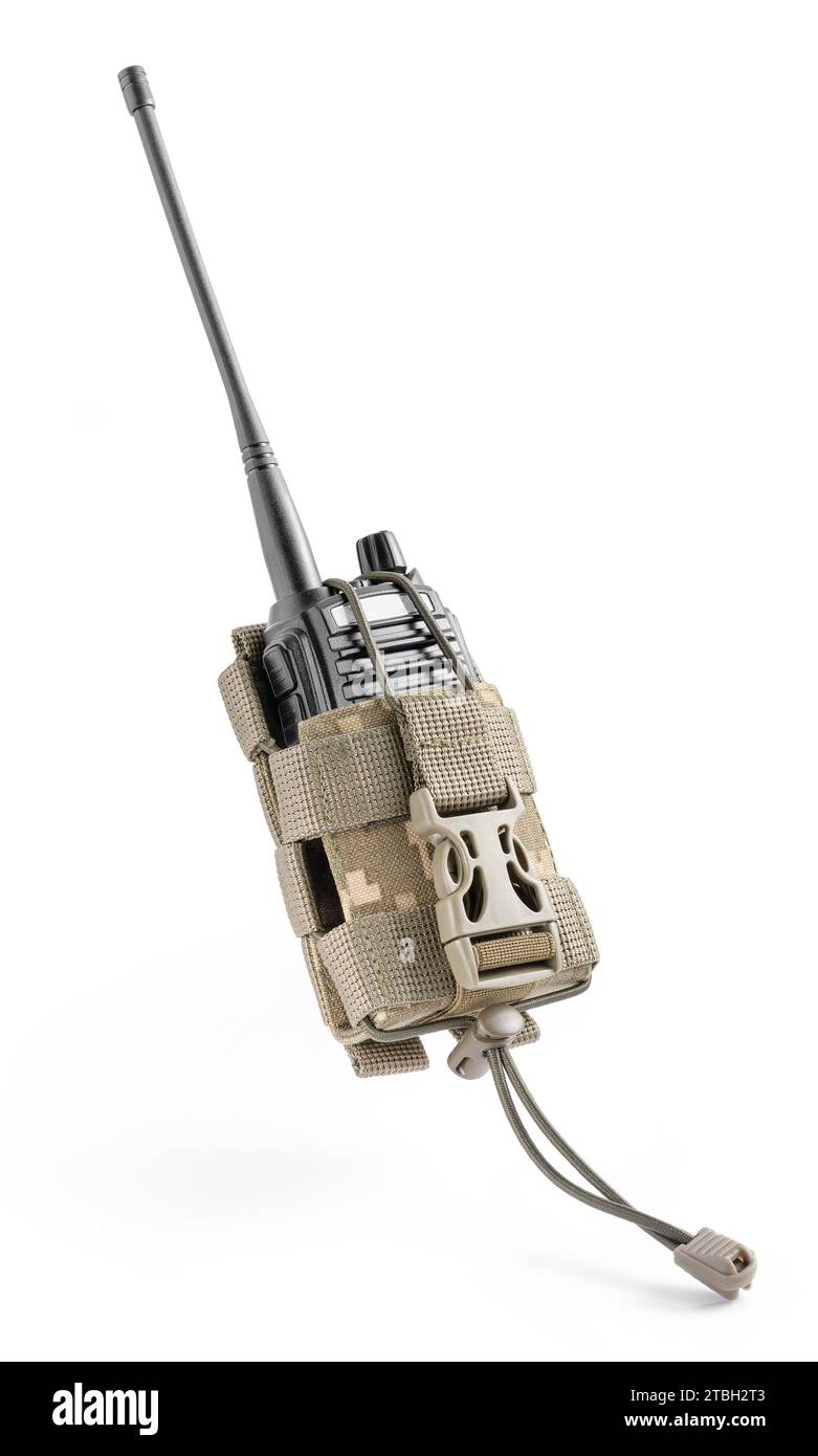 Military radio in tactical pouch in pixel camouflage. Military gear