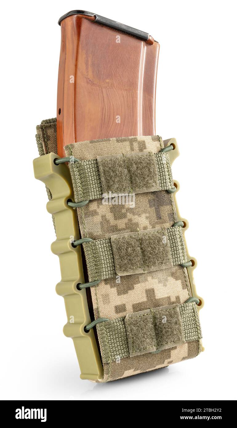 Military pouch in pixel camouflage with bullet magazine inside on white background. Military tactical gear. Stock Photo