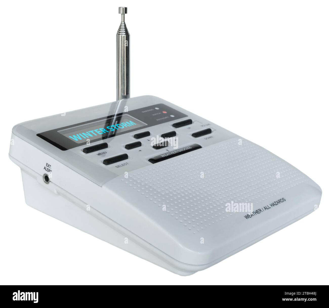 Thunder storm warning displayed on the screen of a hazards and weather radio that automatically