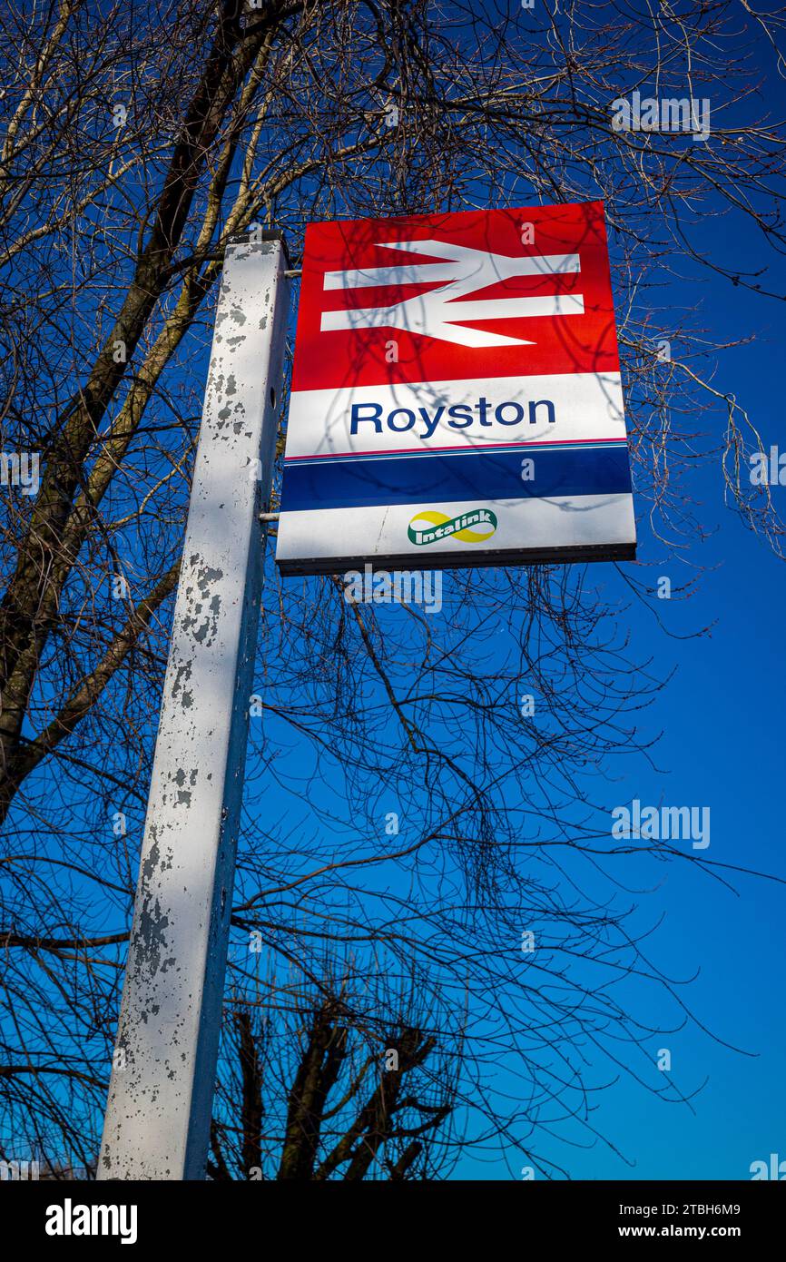 Royston Station Sign. Royston station sign outside Royston Train Station,. Royston station opened 1850, serves Thameslink and Great Northern trains. Stock Photo