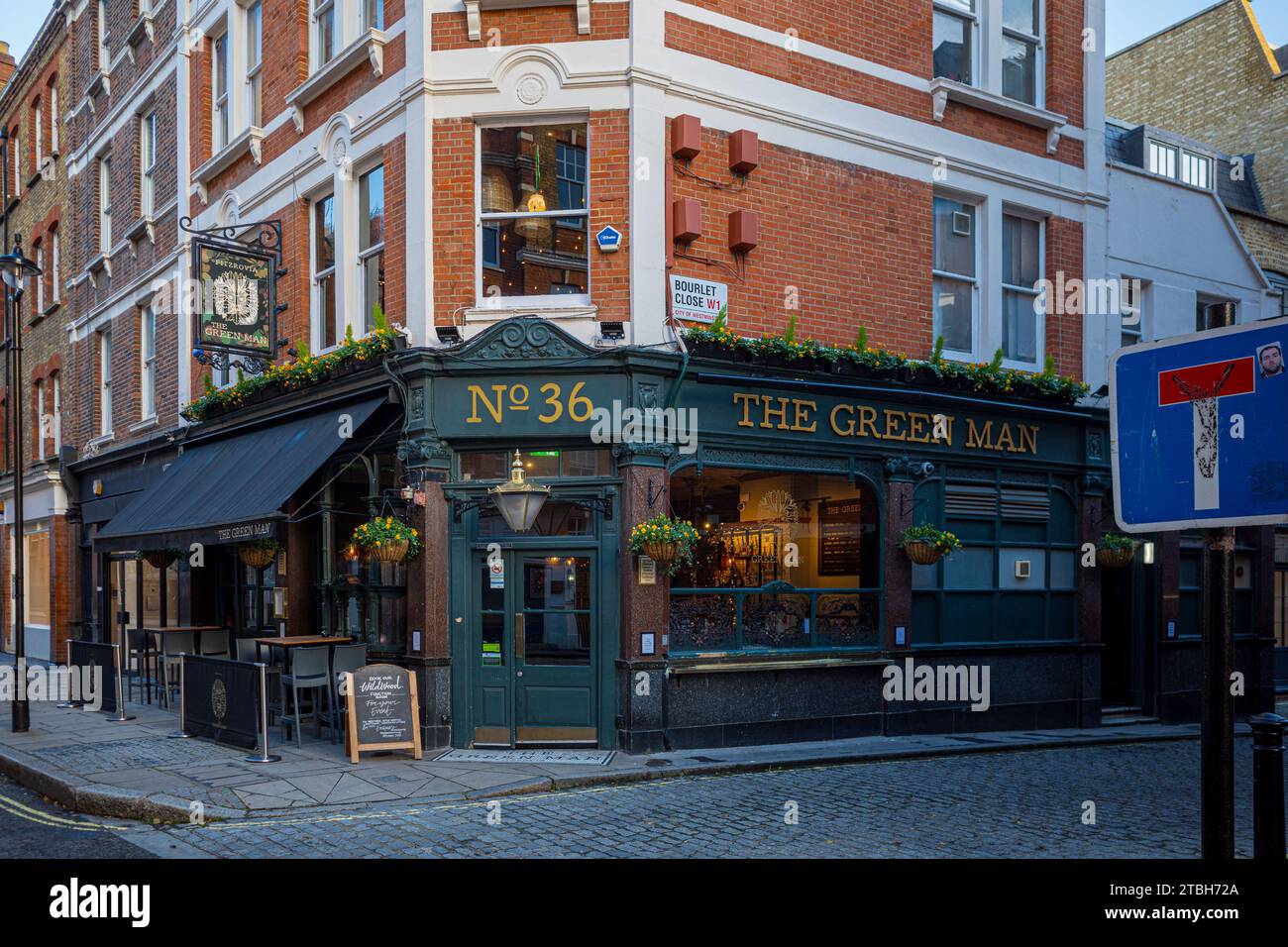 The Green Man Pub Fitzrovia London. The Green Man Pub and Restaurant at 36 Riding House Street, Fitzrovia, London. Stock Photo