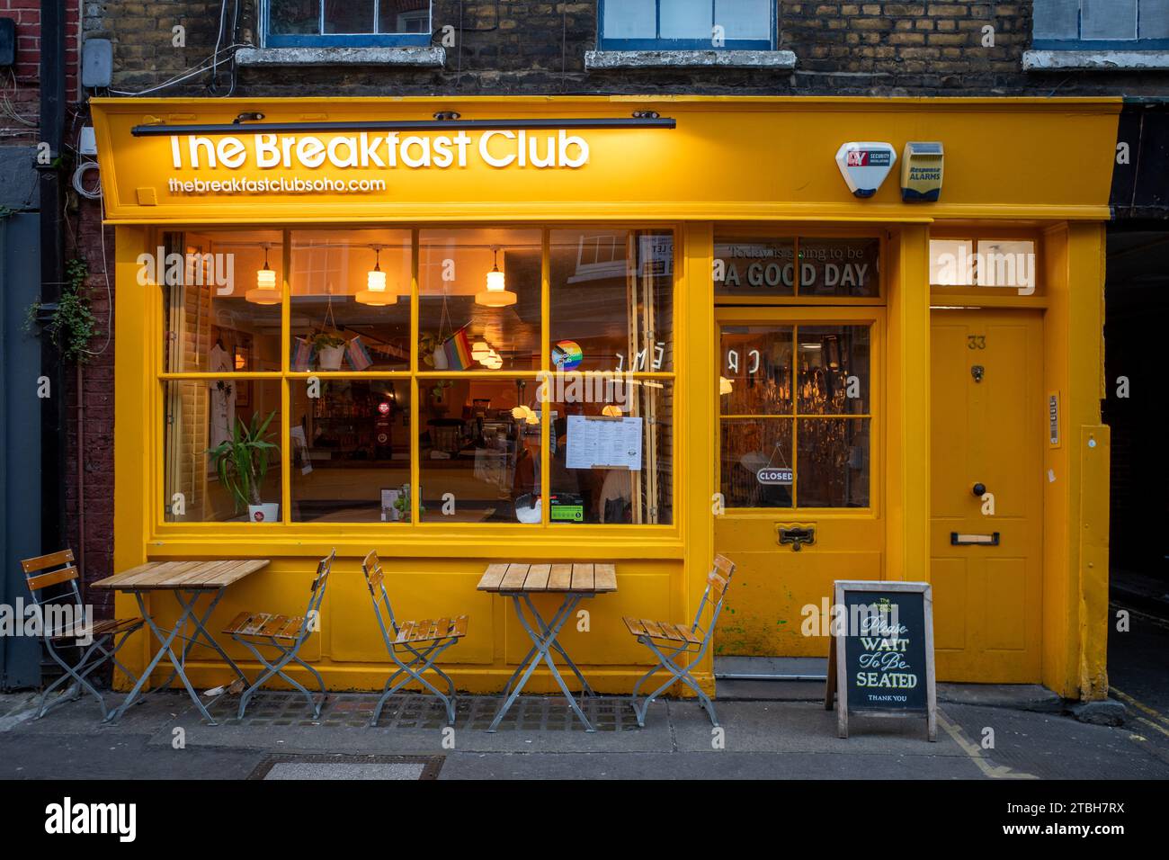 The Breakfast Club Soho London - the Breakfast Club restaurant 33 D'Arblay St, Soho, London. The Breakfast Club was founded in 2005 at this location. Stock Photo