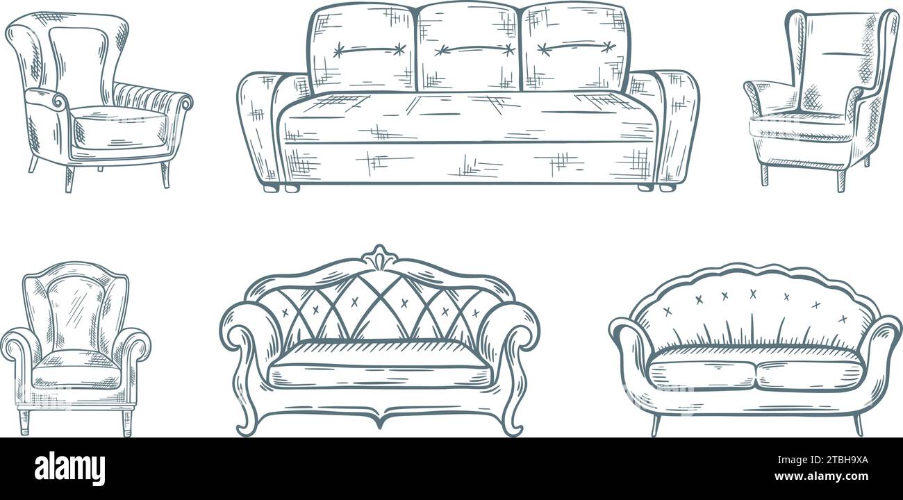 Upholstered furniture doodle sketch style set. Hand engraved home sofa, armchairs and chair. Classic model of furniture for rest room, ink isolated Stock Vector
