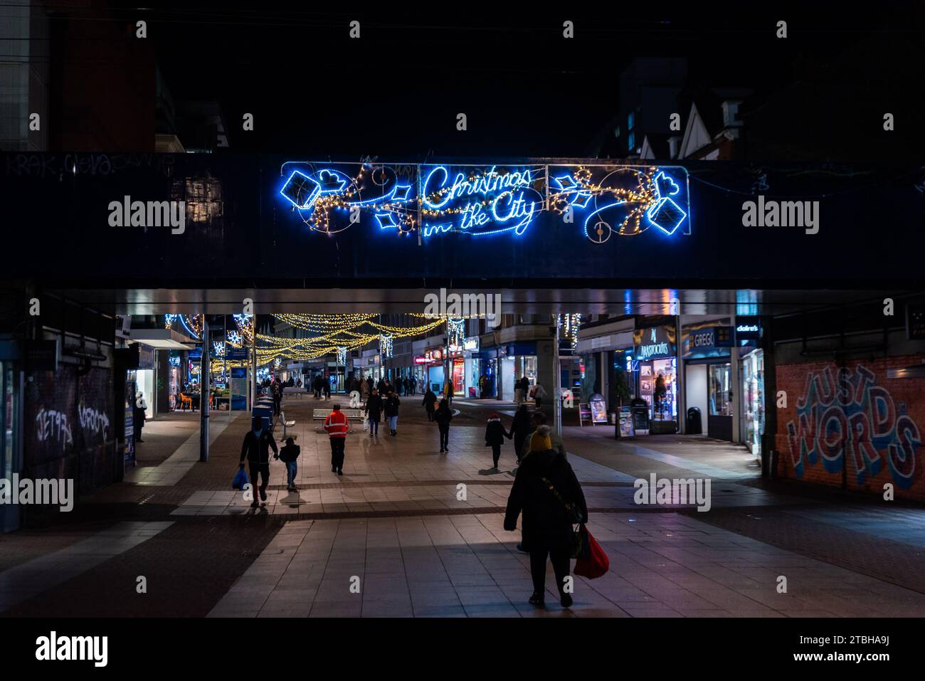 Southend on Sea High Street with Christmas lights. Shopping precinct