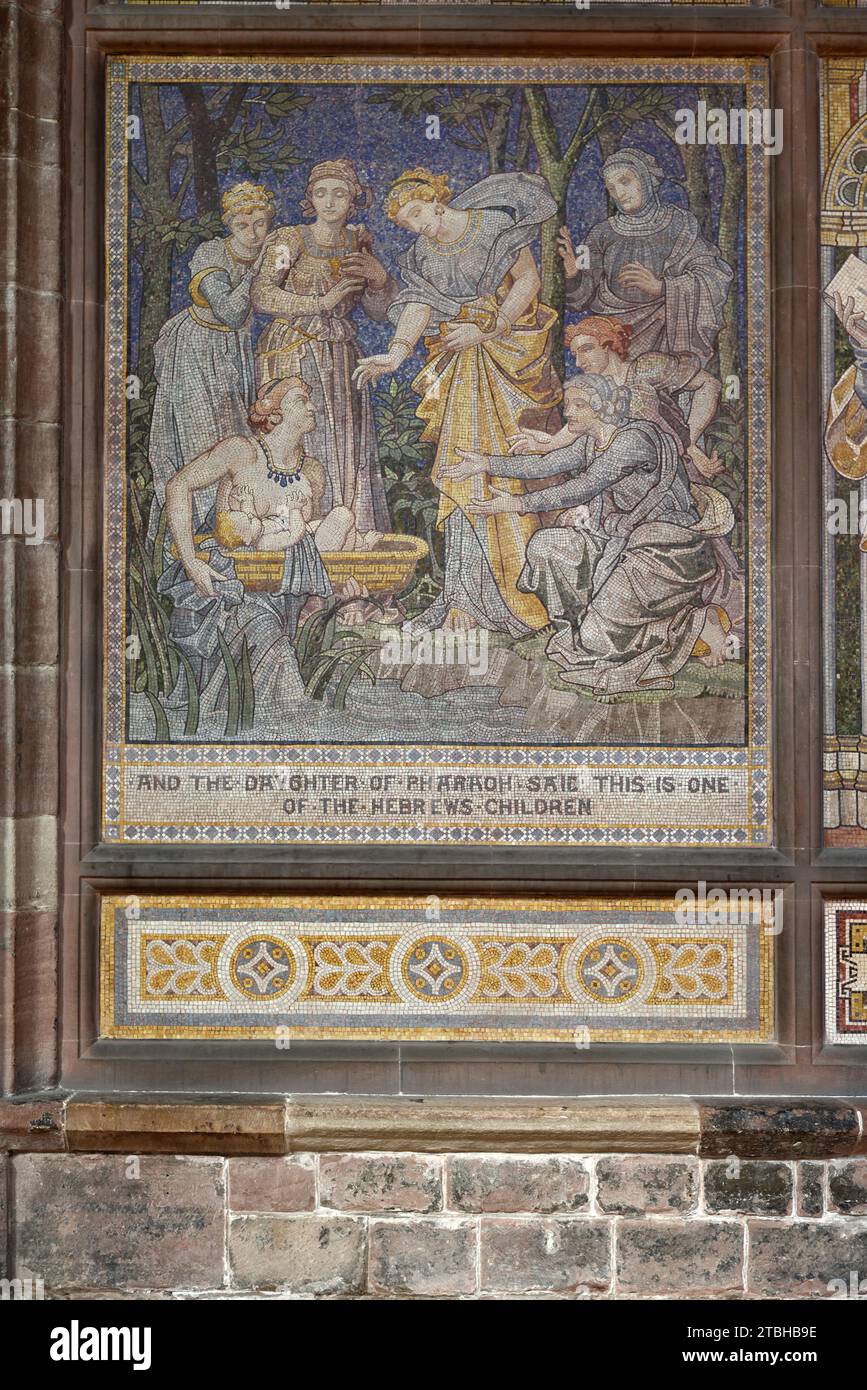 Finding of Moses in the River Nile by Pharaoh's Daughter from the Book of Exodus. Wall Mosaic in Chester Cathedral England UK Stock Photo