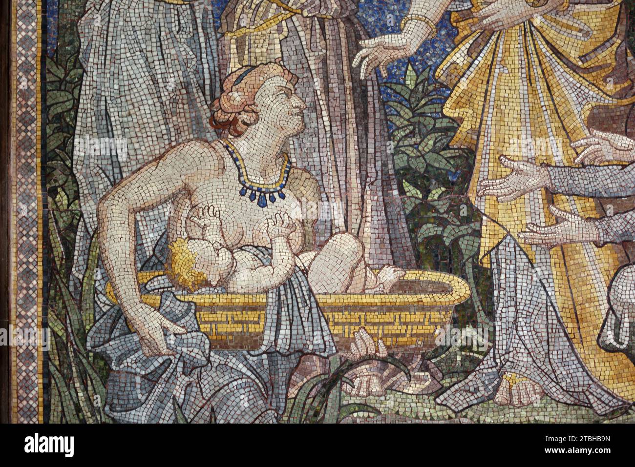 Finding of Moses in the River Nile by Pharaoh's Daughter from the Book of Exodus. Wall Mosaic in Chester Cathedral England UK Stock Photo