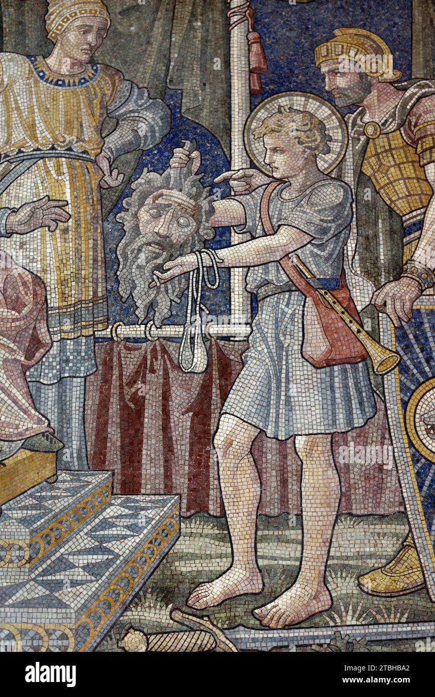 David & Goliath Mosaic, Davd Presents Goliath's Severed Head to King Saul in Jerusalem. Wall Mosaic in Chester Cathedral England UK Stock Photo