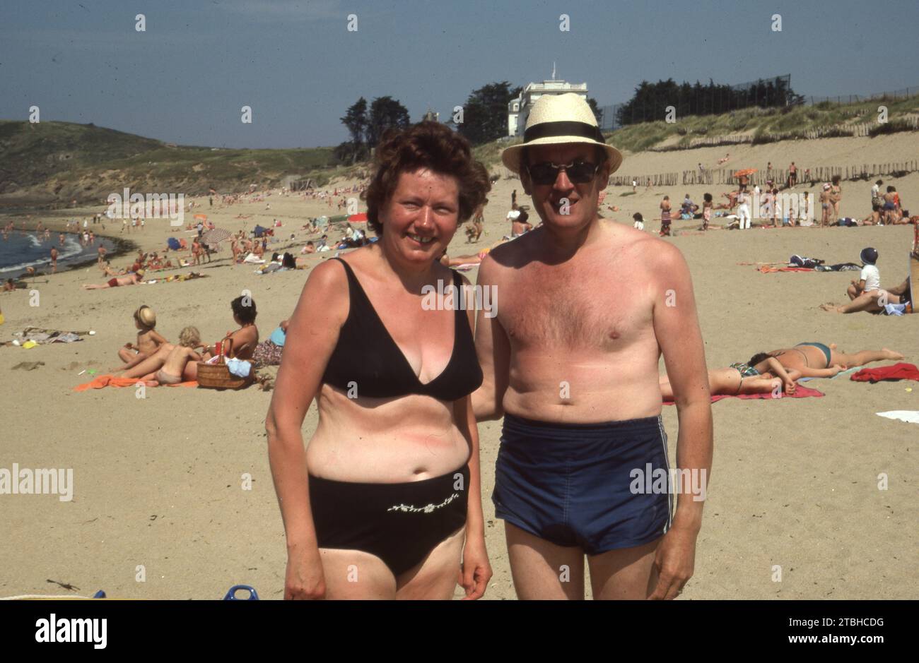 Middle-aged couple on a beach in June 1981   Photo by Tony Henshaw Archive Stock Photo