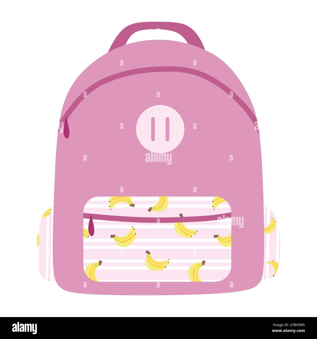 Pink backpack with Banana print on pocket. Cartoon Vector Flat style isolated illustration. School Bag for Books. Study concept. Design element for Ba Stock Vector