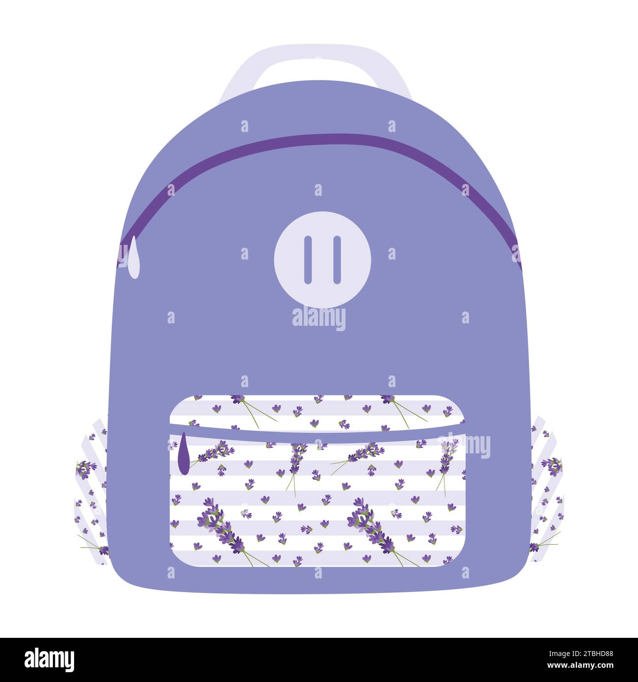 Lavender backpack with Floral print on Pockets. Colorful schoolbag for textbooks, copybooks and ruler. Hand drawn vector illustration isolated on whit Stock Vector