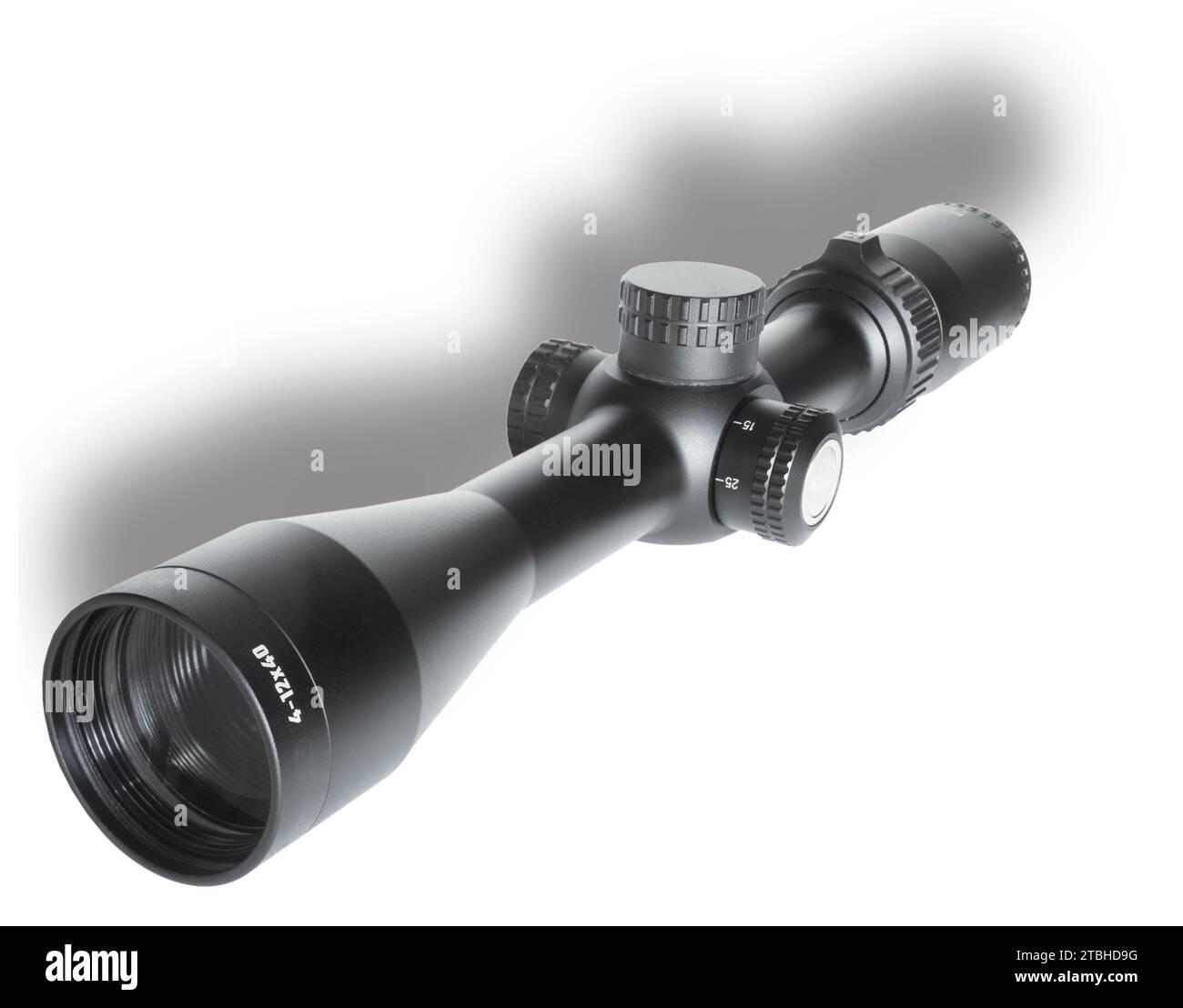 Drop shadow above a rifle scope with 4 to 12 magnification that has a dial for adjusting parallax Stock Photo