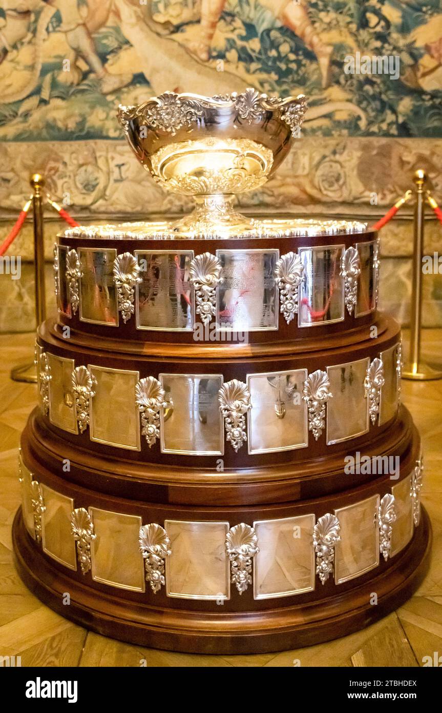 Milan Italy 2023-12-07 : The Davis Cup, won by the Italian national tennis team, on display in the Tapestry Room of Palazzo Marino Stock Photo