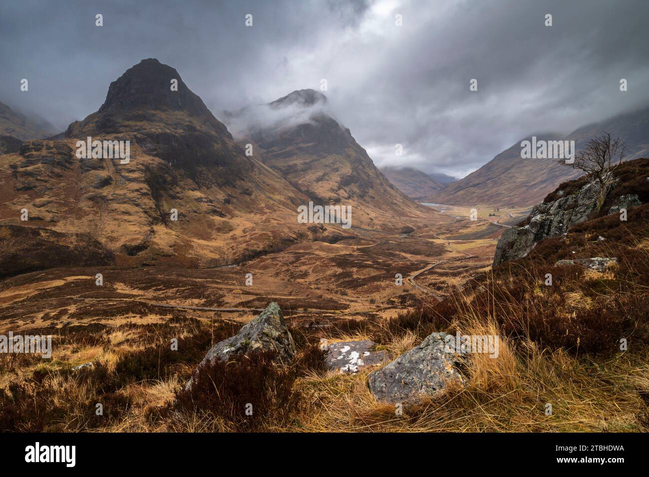 Overlooking the Pass of Glencoe and Three Sisters mountains, Glencoe, Scotland, UK.  Spring (March) 2023. Stock Photo