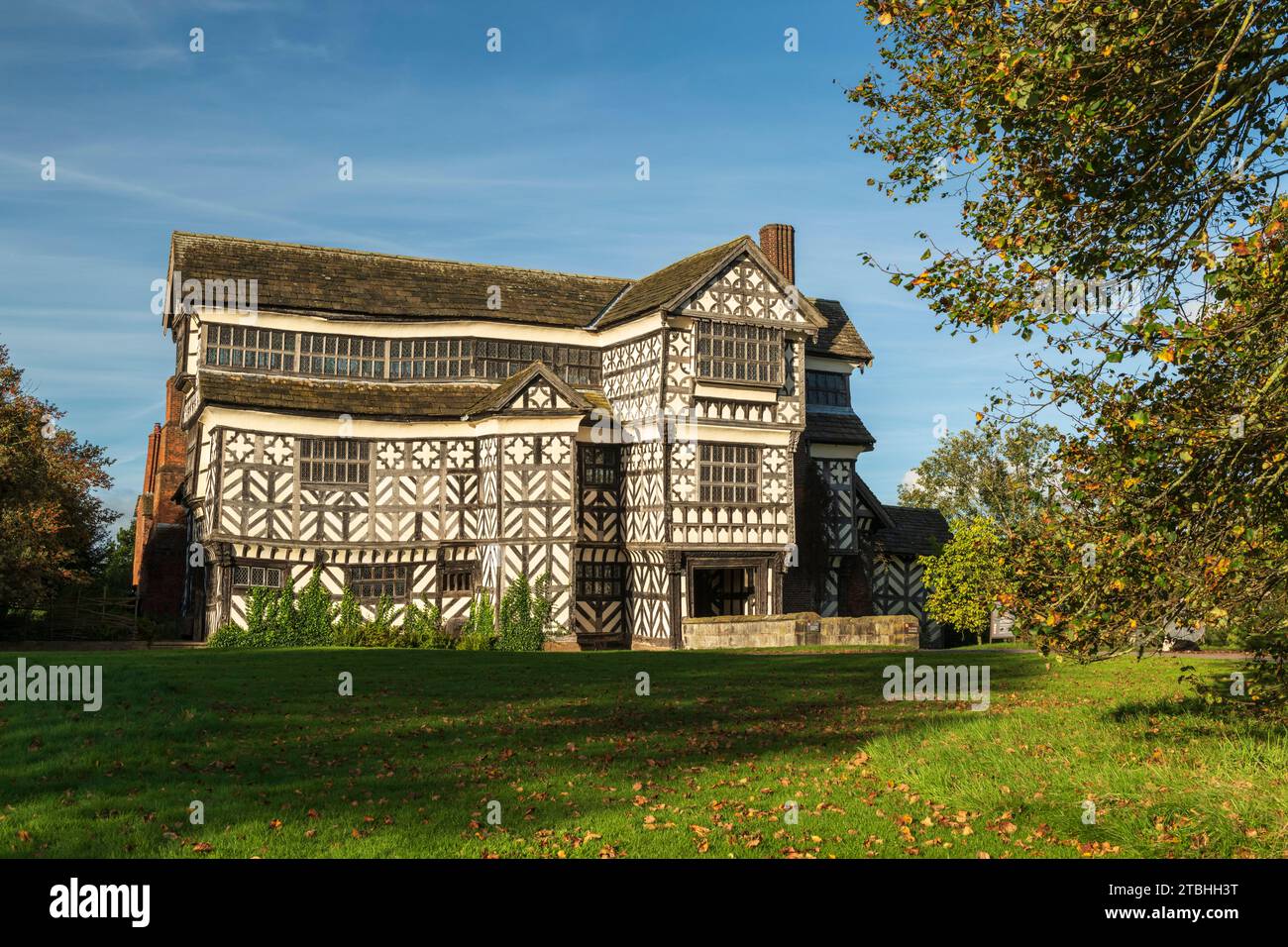 Little Moreton Hall, a half timbered Tudor moated manor house near Congleton in Cheshire, England.  Autumn (October) 2023. Stock Photo