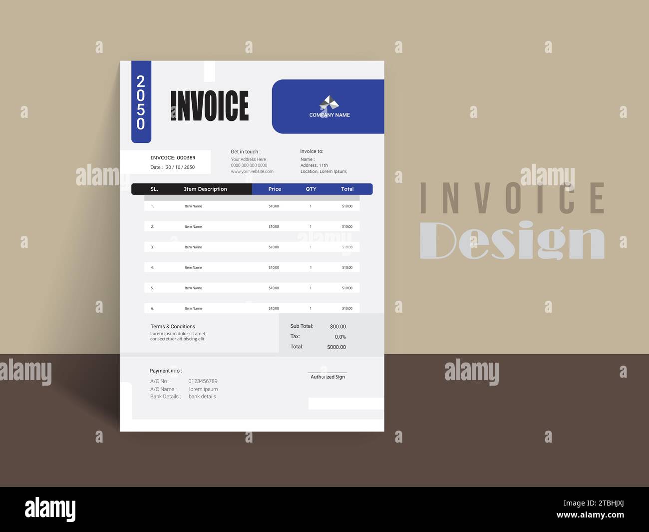 Invoice Design. Business invoice form template. Invoicing quotes, money bills or pricelist and payment agreement design templates. Tax form design Stock Vector