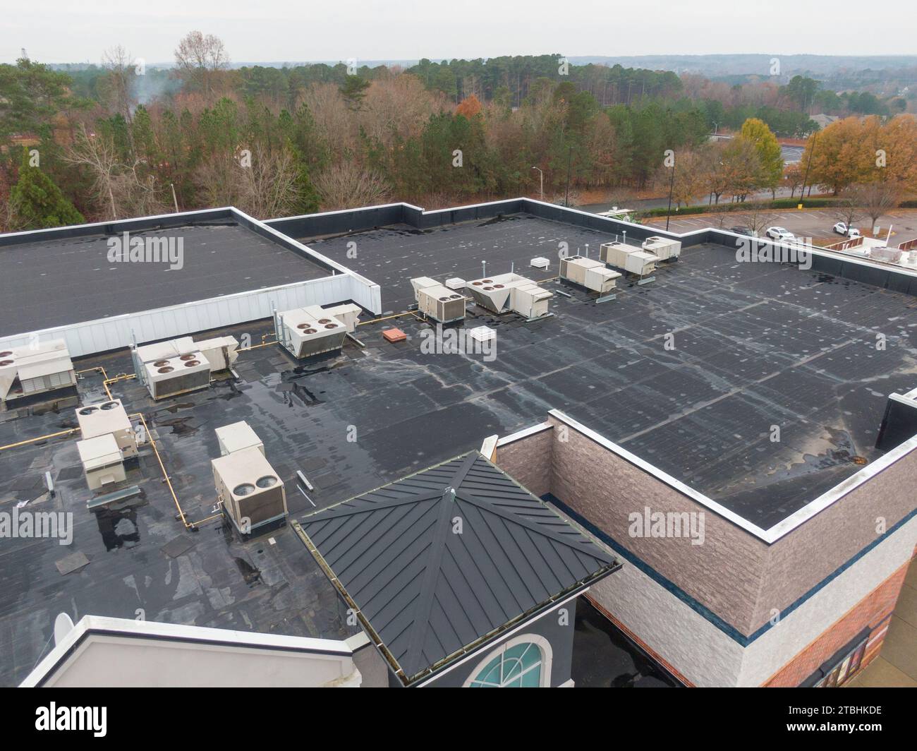 Drone Photos of Commercial Roofs Featuring EPDM, TPO, and Solar. Stock Photo