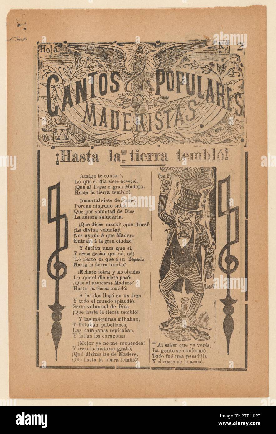 Broadsheet celebrating one of the founders of the Mexican Revolution, Francisco Madero, shown in a suit and top hat pointing to the phrases 'Que Si' and 'Que No' 1946 by Jose Guadalupe Posada Stock Photo