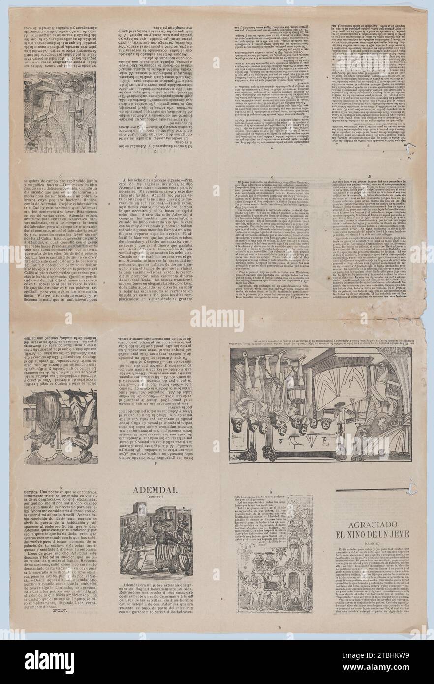 An uncut sheet printed on both sides with pages from 'Ademdai' and 'Agraciado: El nino de un jeme' 1946 by Jose Guadalupe Posada Stock Photo