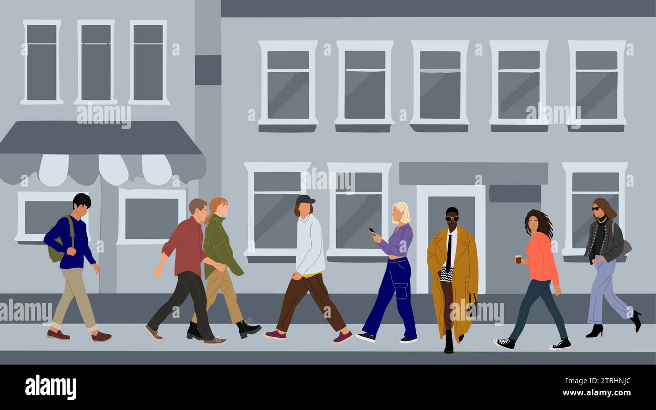 People walking along a street Vector illustration. Stock Vector