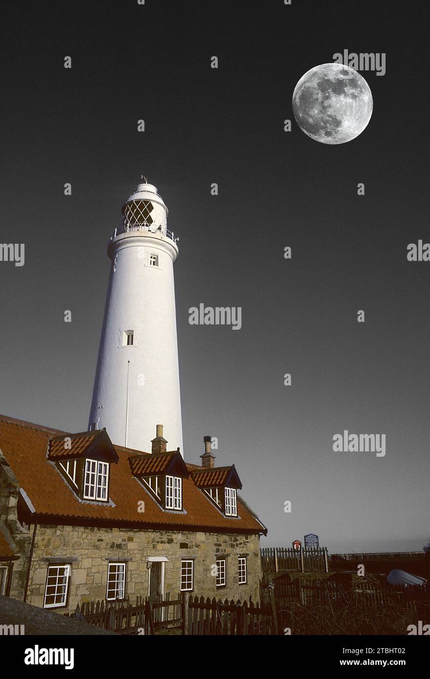 Composite image of full Moon with cottage & lighthouse on St Mary's Island North Tyneside UK Stock Photo