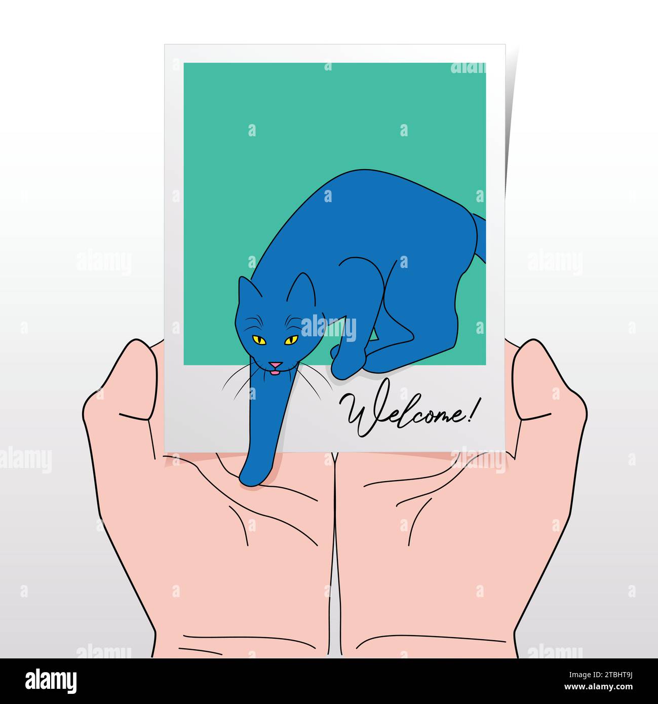 Cat Stepping On Outstretched Hands From Instant Print Photograph With Written Word “Welcome!” Referring To Rescuing, Fostering, Adopting A New Pet Cat Stock Vector