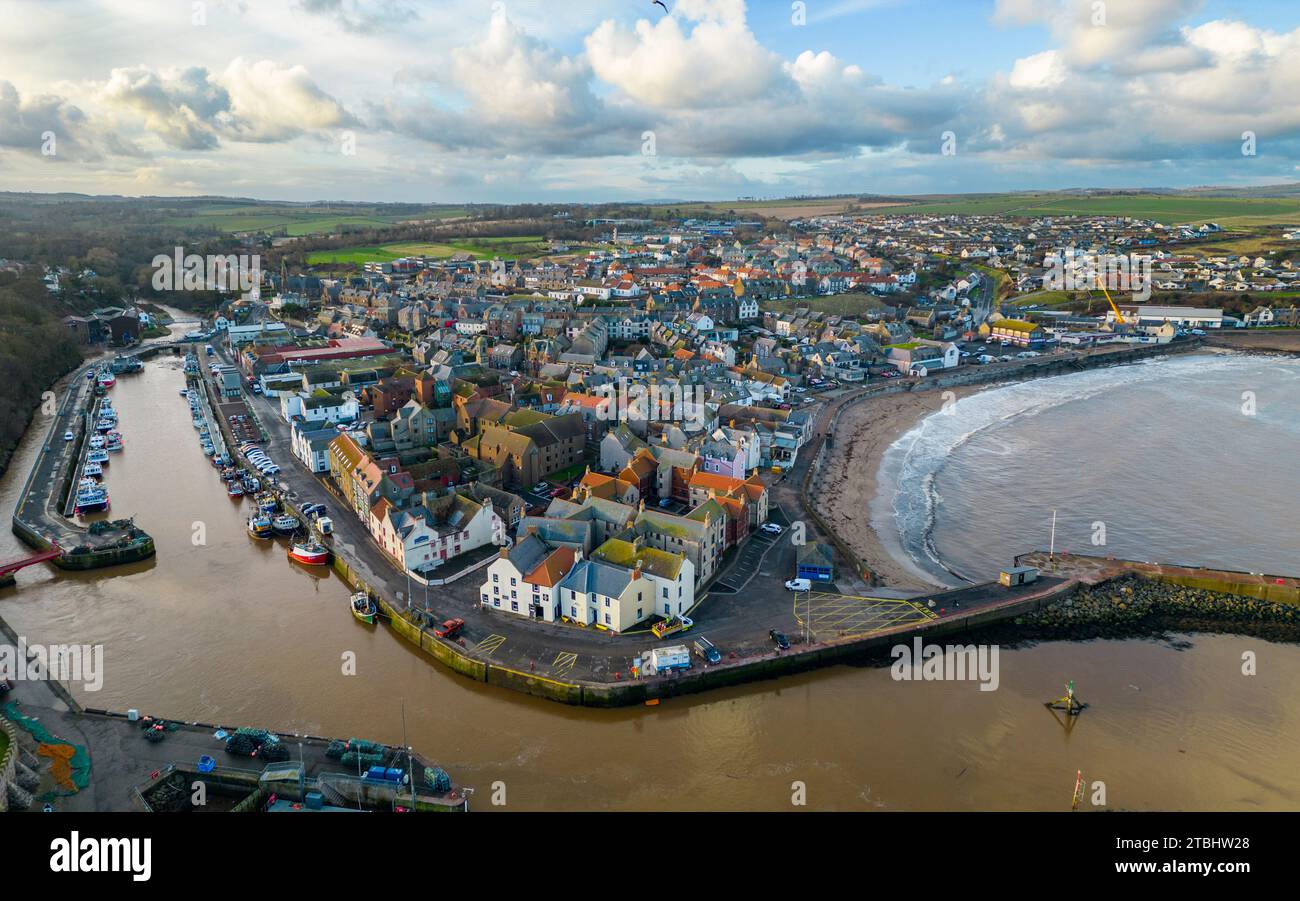 Aerial view of harbour area at Eyemouth town in Berwickshire, Scottish Borders, Scotland, UK Stock Photo