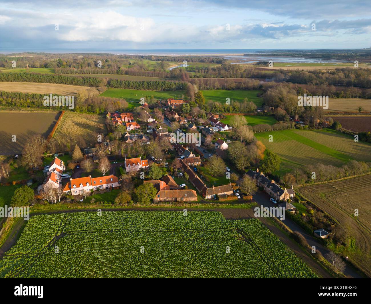 Aerial view of conservation village of Tyninghame in East Lothian, Scotland, UK Stock Photo