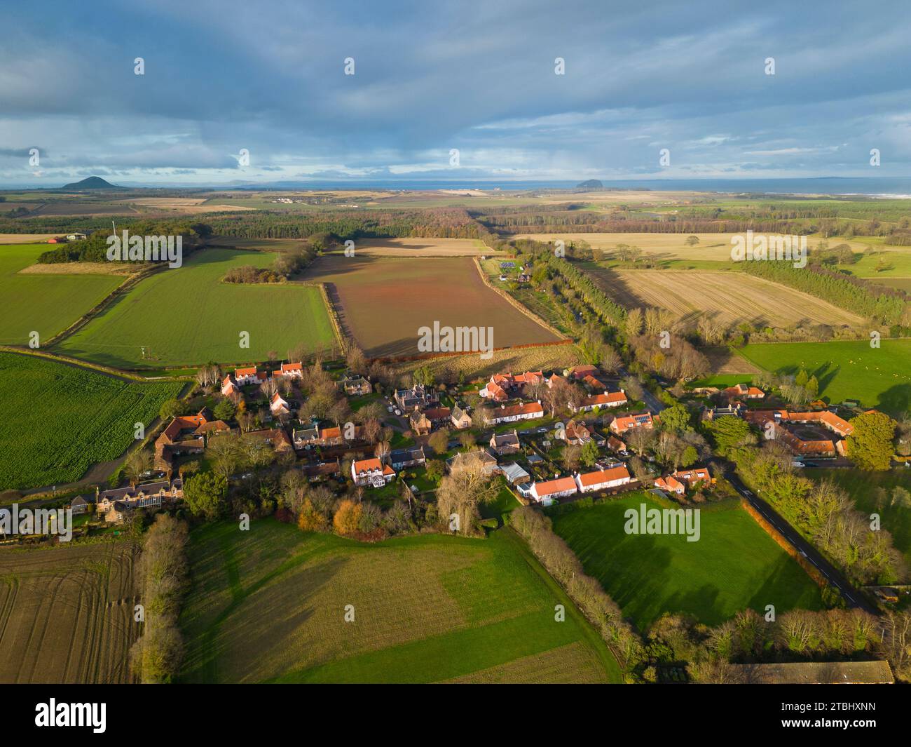 Aerial view of conservation village of Tyninghame in East Lothian