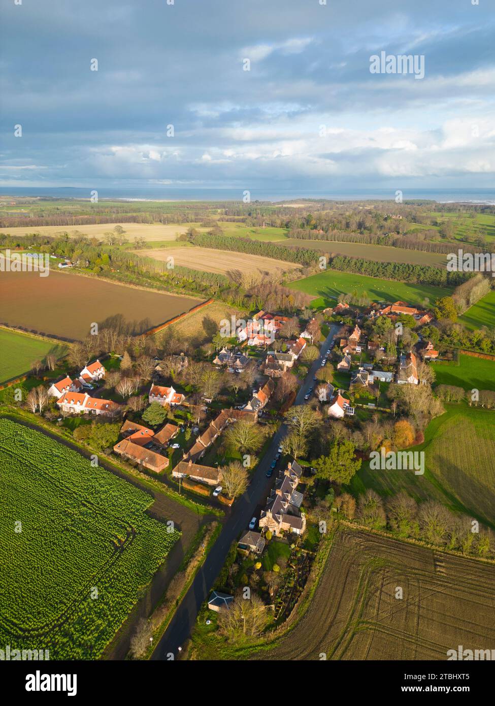 Aerial view of conservation village of Tyninghame in East Lothian, Scotland, UK Stock Photo