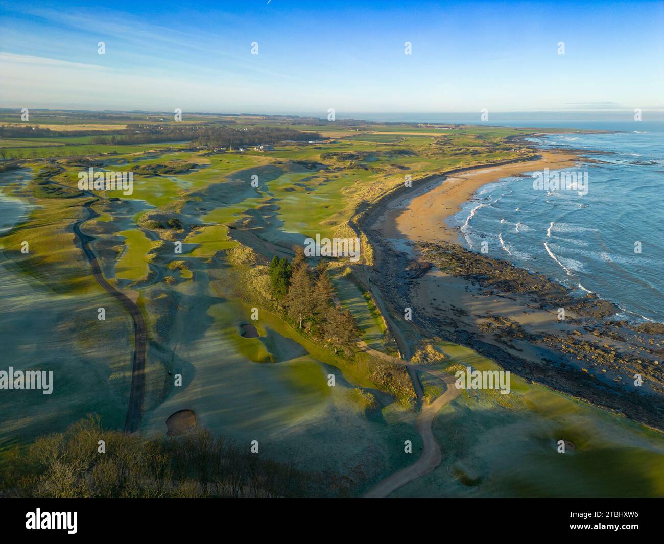 Aerial view of Kingsbarns Golf Links in winter sunshine, In Fife