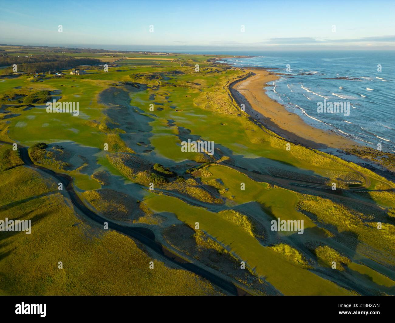 Aerial view of Kingsbarns Golf Links in winter sunshine, In Fife