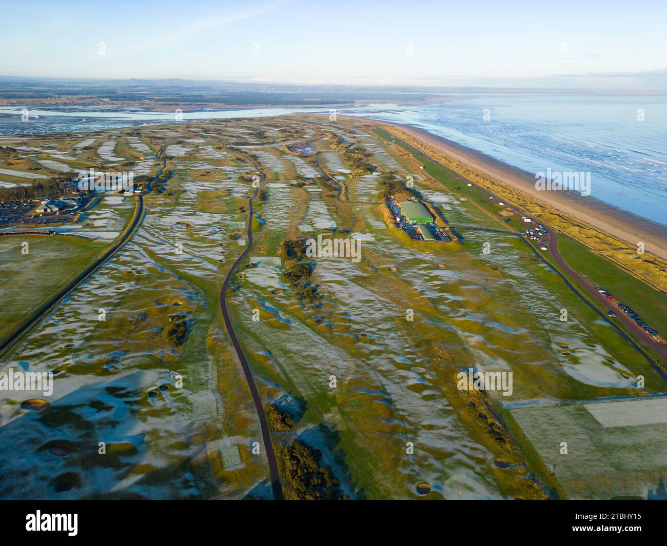 Aerial view of many golf courses with ground frost at St Andrews links