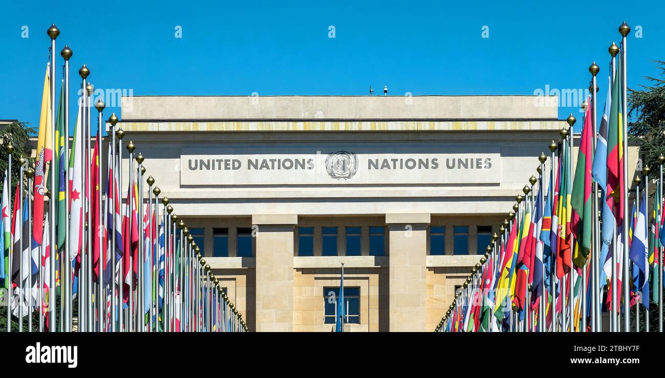 Ranges of flags at the UN (United Nations) office in the Palais des Nations in Geneva, Switzerland Stock Photo