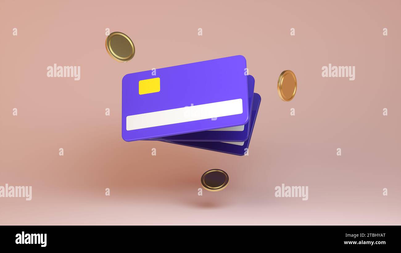 Three credit cards with cash with coins on soft pink studio background. Online payment, save money, money transfers, coins, shoping. Cartoon Minimal. Stock Photo