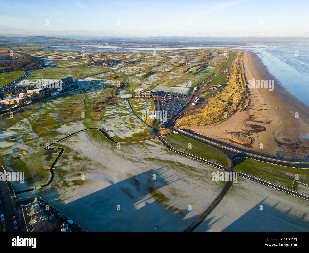 Aerial view from the Old Course of St Andrews golf links with ground frost  in winter sunshine at St Andrews in Fife, Scotland, UK Stock Photo