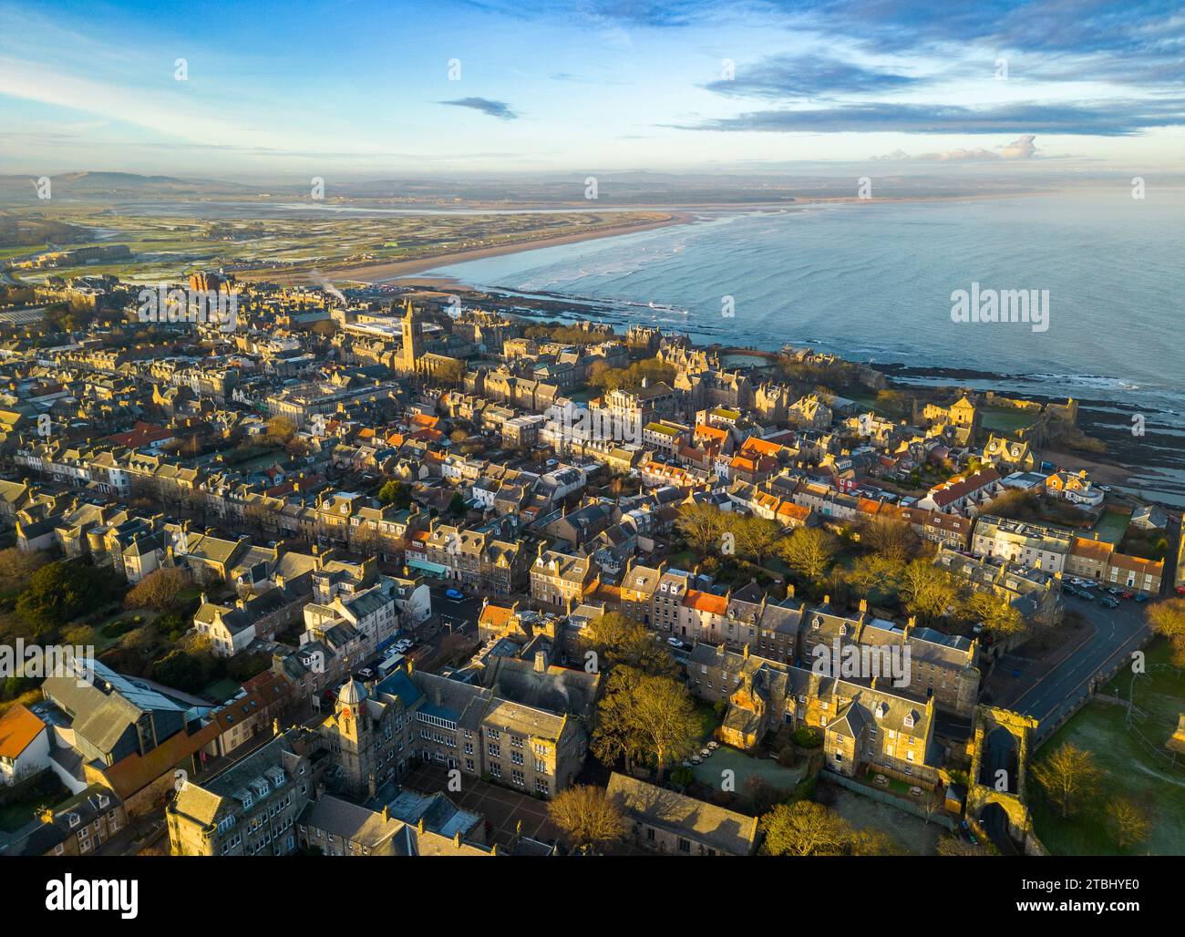 Aerial view of St Andrews town in winter sunshine, Fife, Scotland, UK Stock Photo