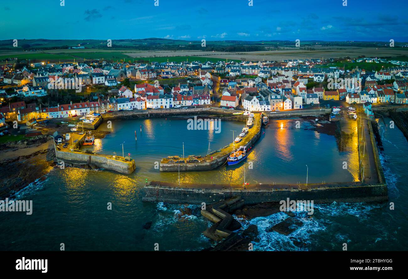 Aerial view at night of St Monans  fishing village harbour in East Neuk of Fife , Fife, Scotland ,UK Stock Photo