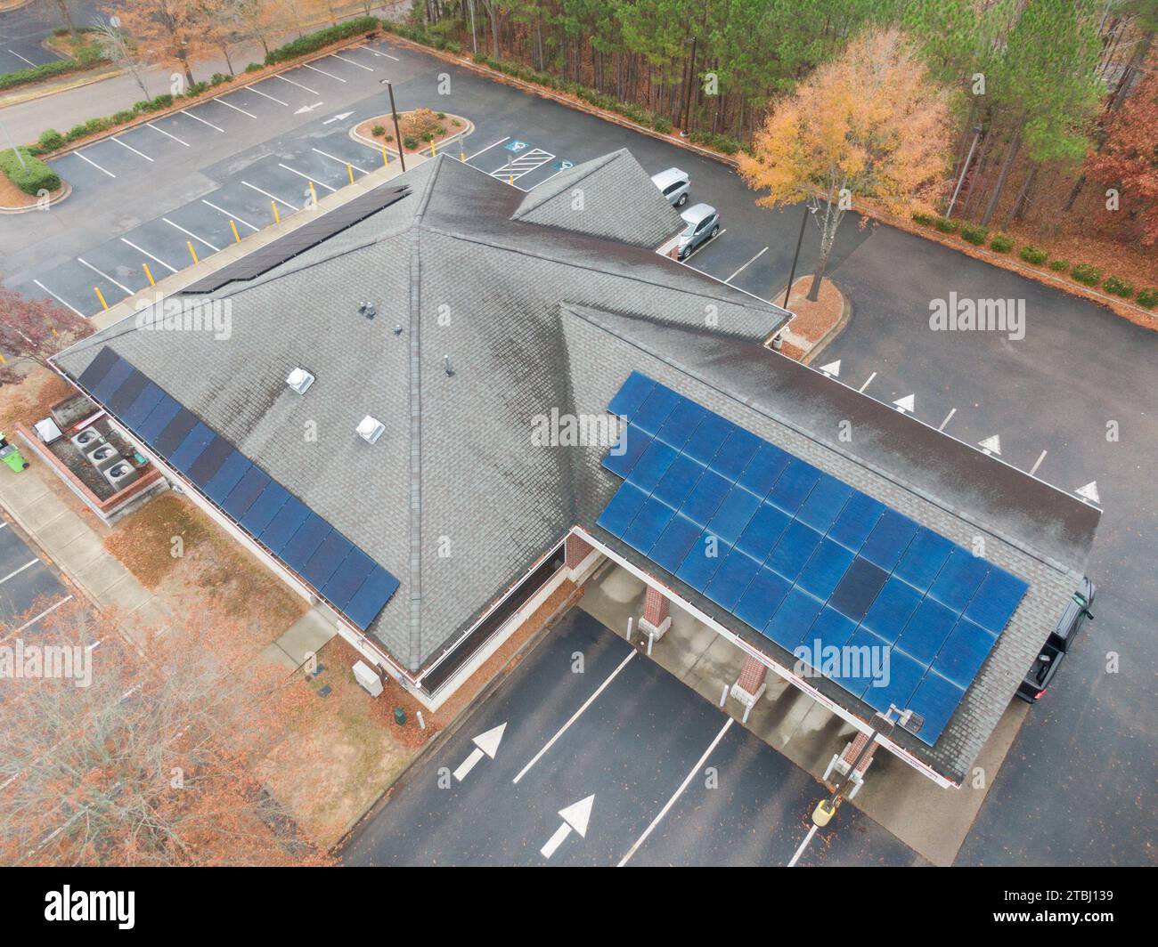 Drone Photos of Commercial Roofs Featuring EPDM, TPO, and Solar. Stock Photo