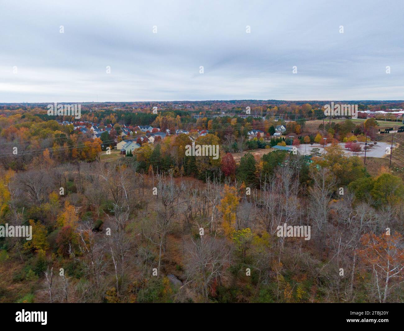 Drone photos of an apartment complex showing beautiful fall colors. Stock Photo