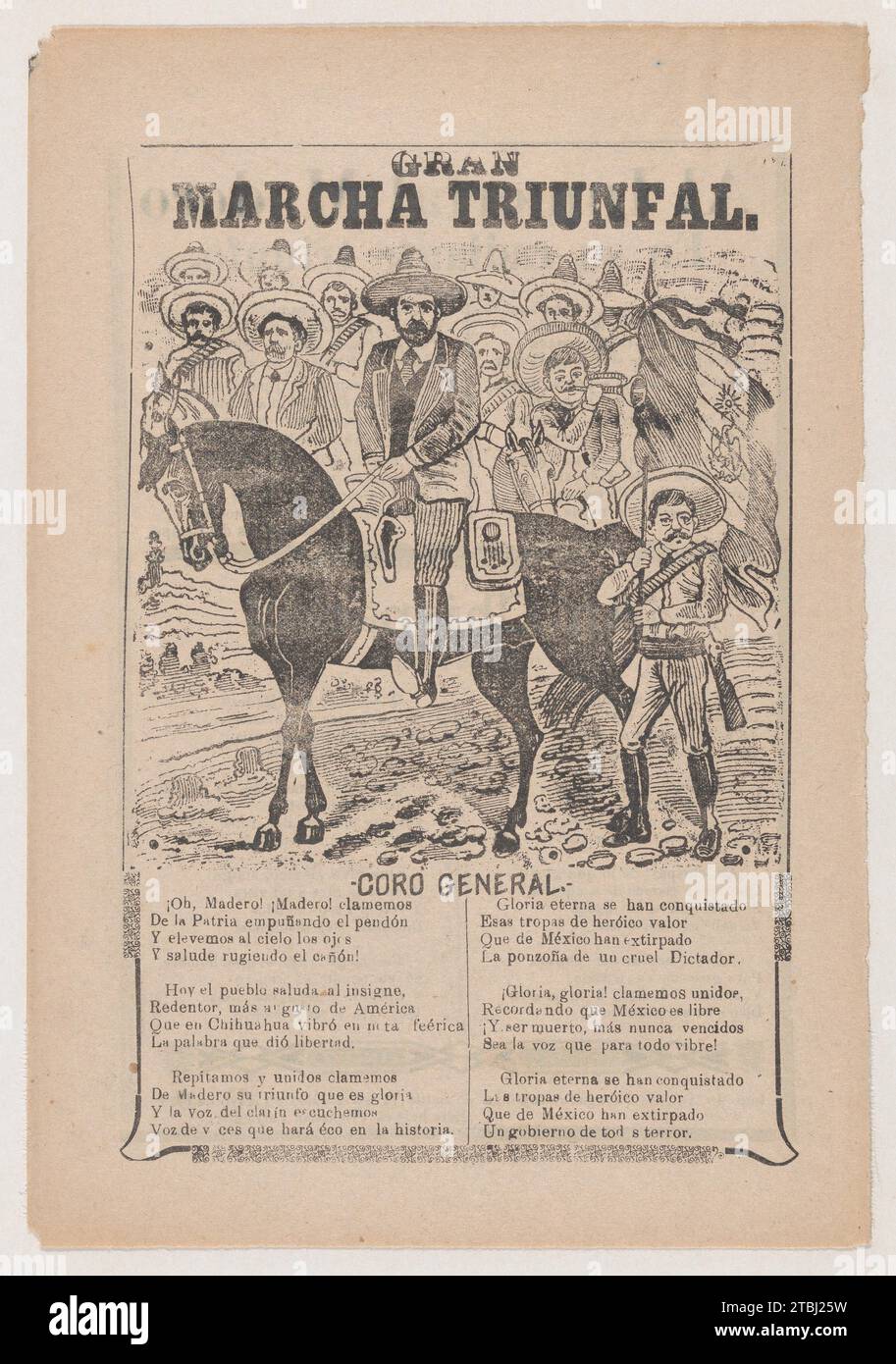 Broadsheet relating to the triumphal march of Francisco Madero, a corrida (ballad) in the bottom section 1946 by Antonio Vanegas Arroyo Stock Photo