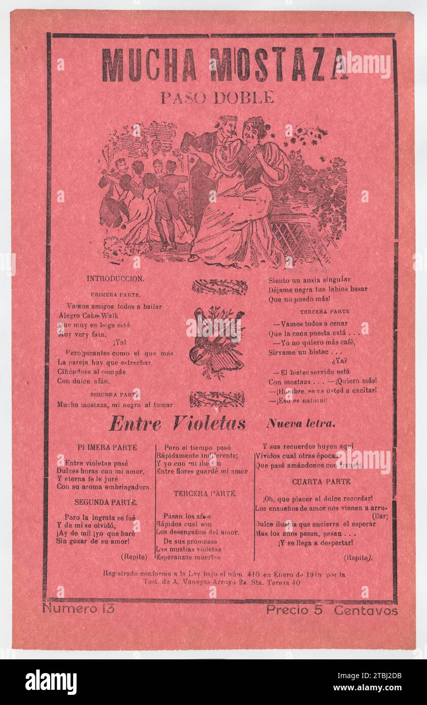 Broadsheet with songs for a two-step dance (paso doble), a man and woman talking while elegantly dressed couples dance in the background 1946 by Antonio Vanegas Arroyo Stock Photo